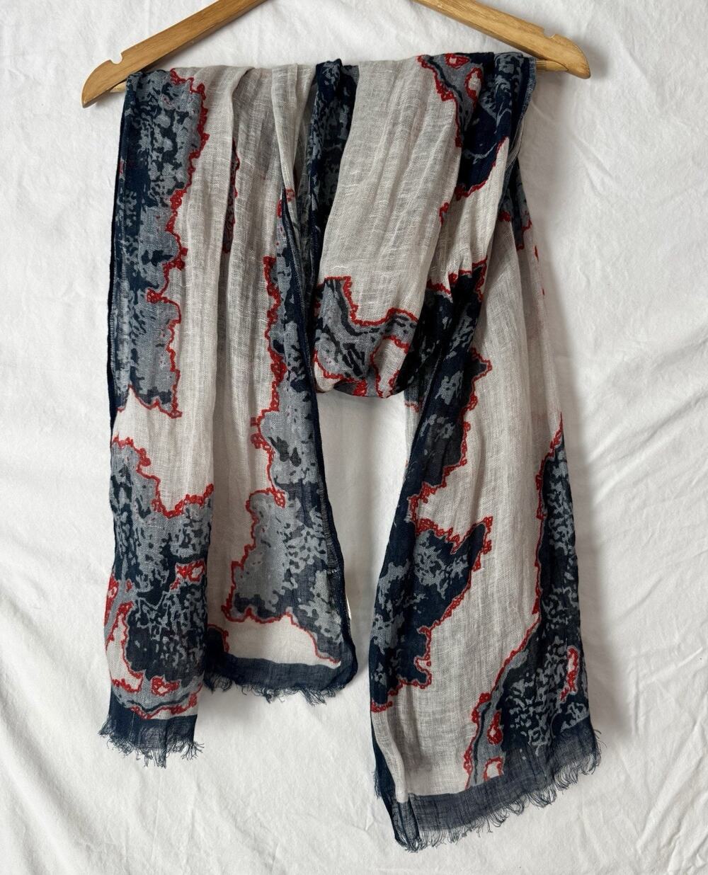 My Biba 100% Linen Ivory Blue Orange Abstract Print Scarf Shawl 25"x73" Artsy